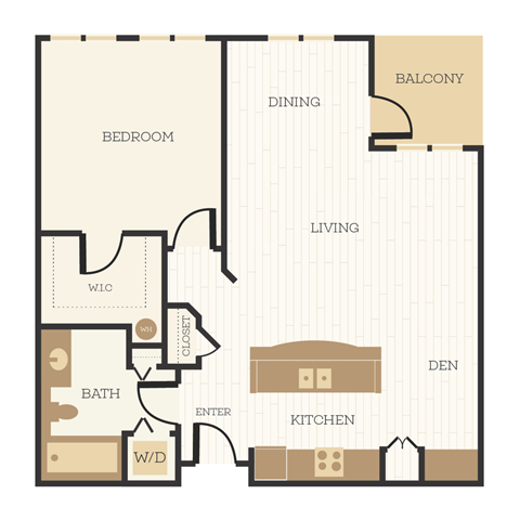 Floor plan for 1 bed, 1 bath, 853 sqft